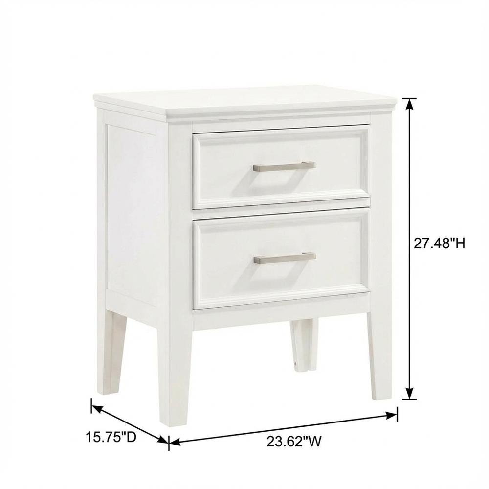 White Wood Nightstand with 2 Drawers, Modern Bedroom Storage