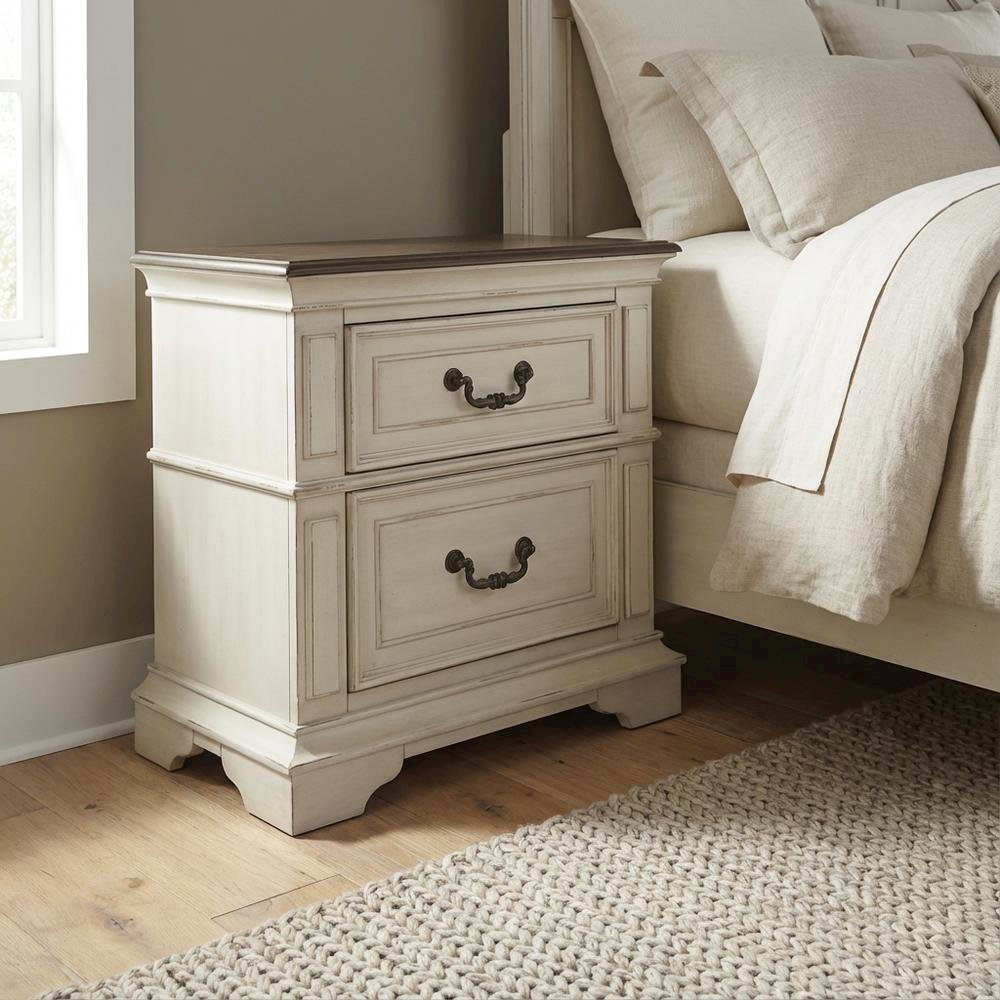 Antique White Nightstand with Solid Wood Frame for Bedroom Storage