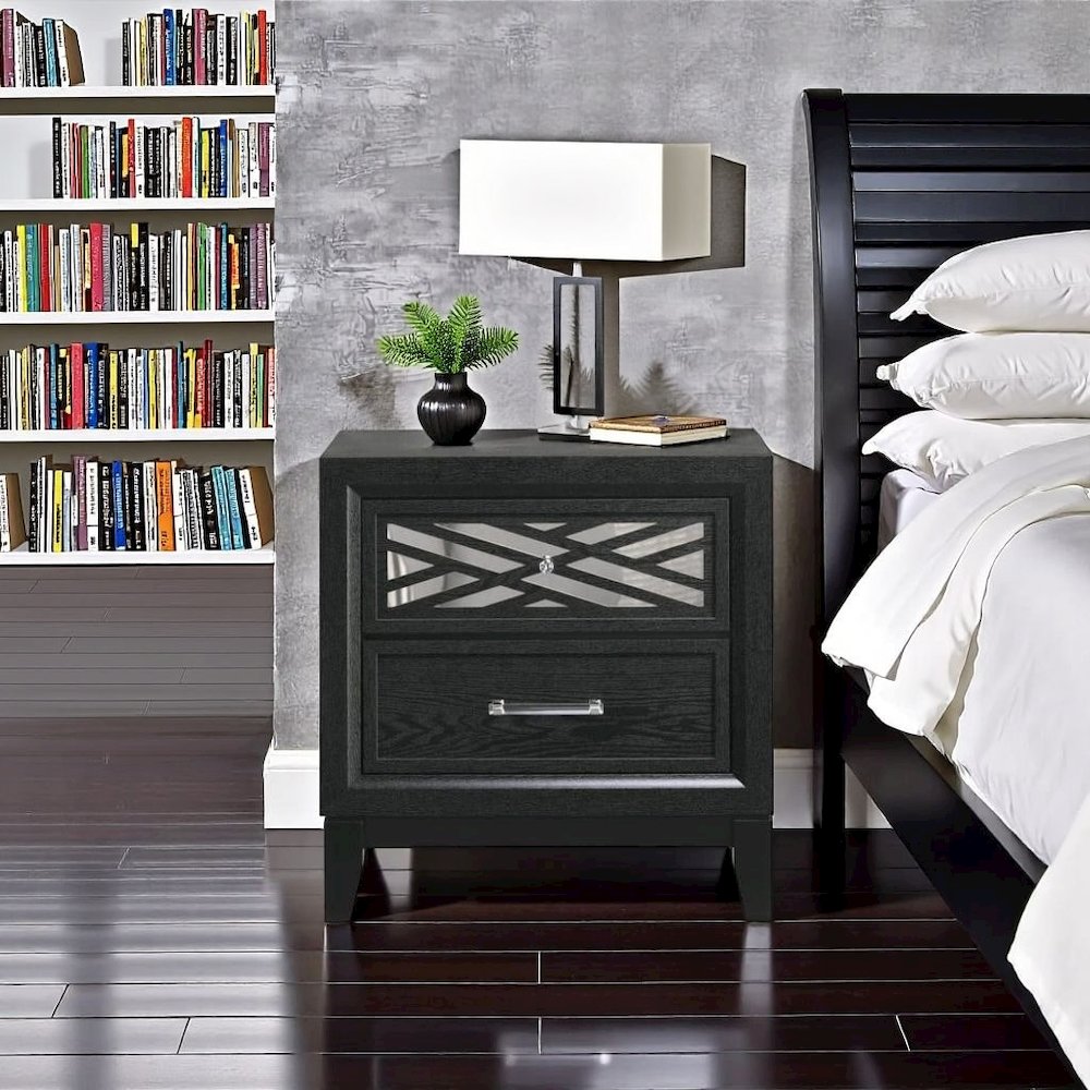 Black 2 Drawer Nightstand – Solid Night Stand Black Wood Bedroom Chest