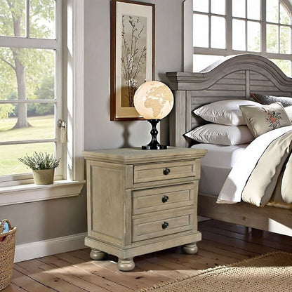Gray Wood Nightstand with Drawers – Classic 3 Drawer Bedroom Side Table