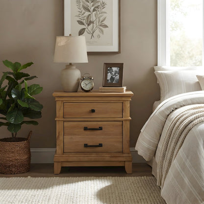 Solid Wood Nightstand with 3-Drawer Storage, Bedside Table for Bedroom, Honey