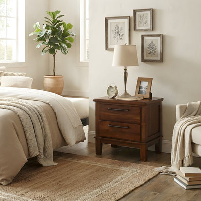 Solid Wood Nightstand with 2-Drawer Storage, Bedside Table for Bedroom, Brown