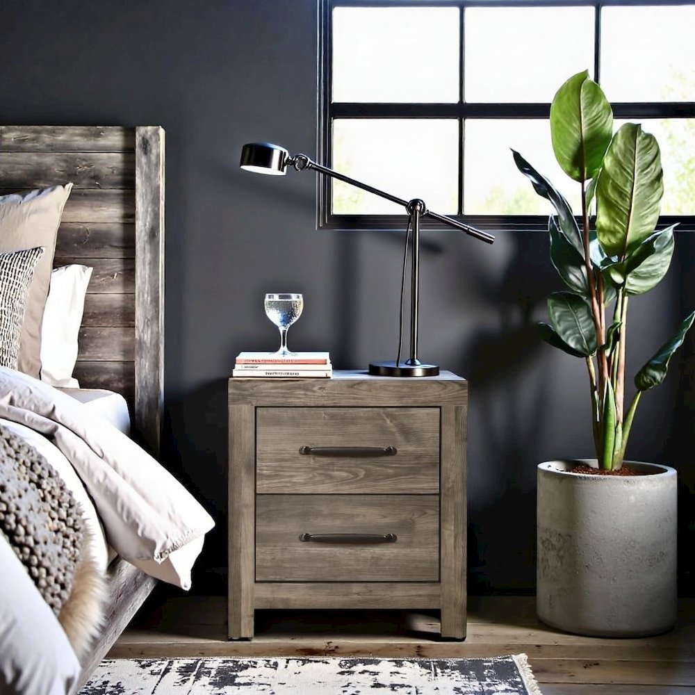 Elegant 2 Drawer Wooden Nightstand – Black Wood Nightstand for Bedroom Use