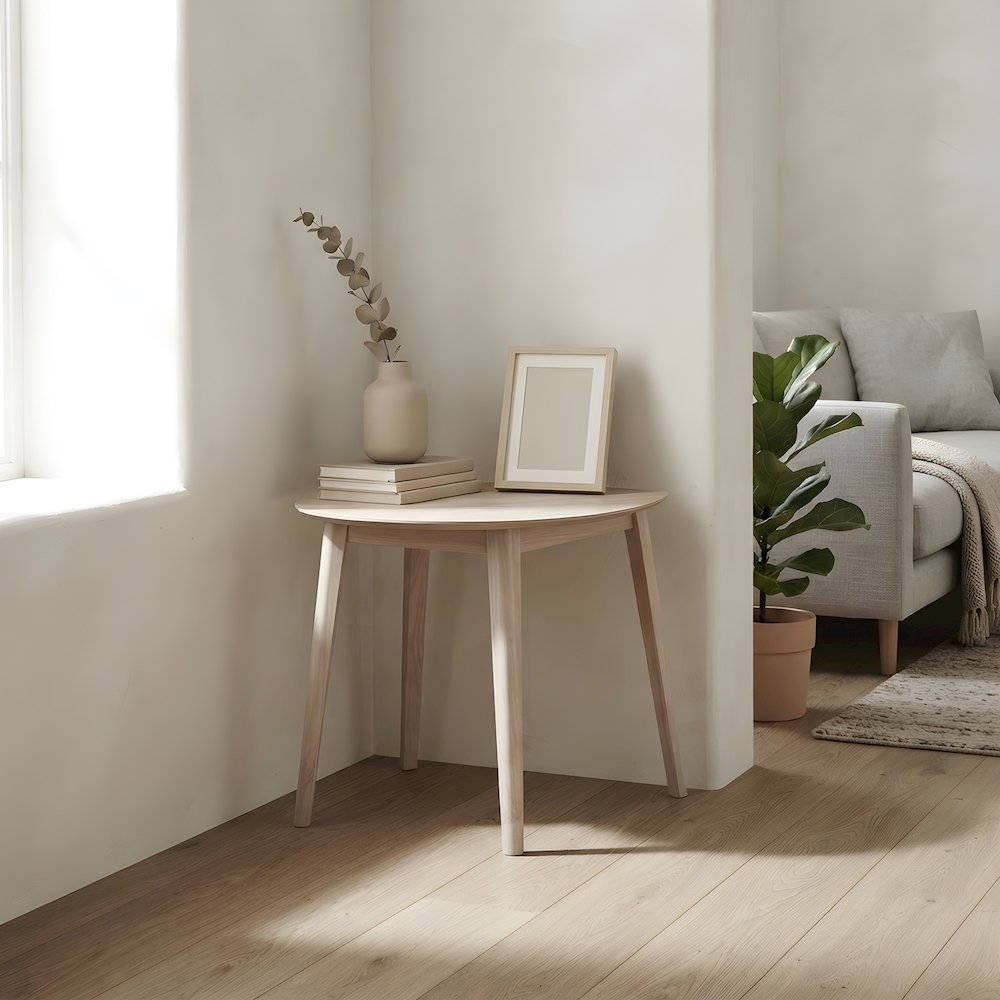 Solid Wood Corner Table with Ash Veneer Top, Small Side Table, White