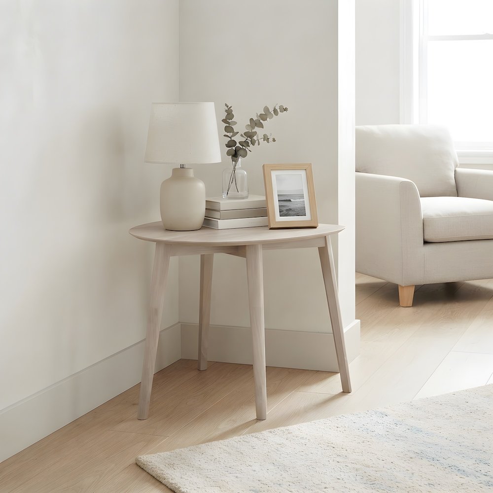 Solid Wood Corner Table with Ash Veneer Top, Small Side Table, White