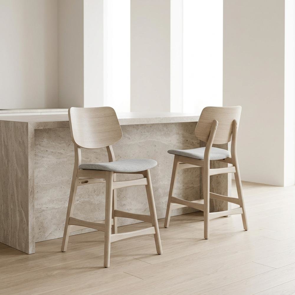 Wood Upholstered Counter Bar Stools for Kitchen Island, White Ash, Set of 2