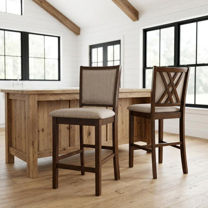 Polyester-Upholstered Counter Stool with Solid Rubberwood Legs and Back