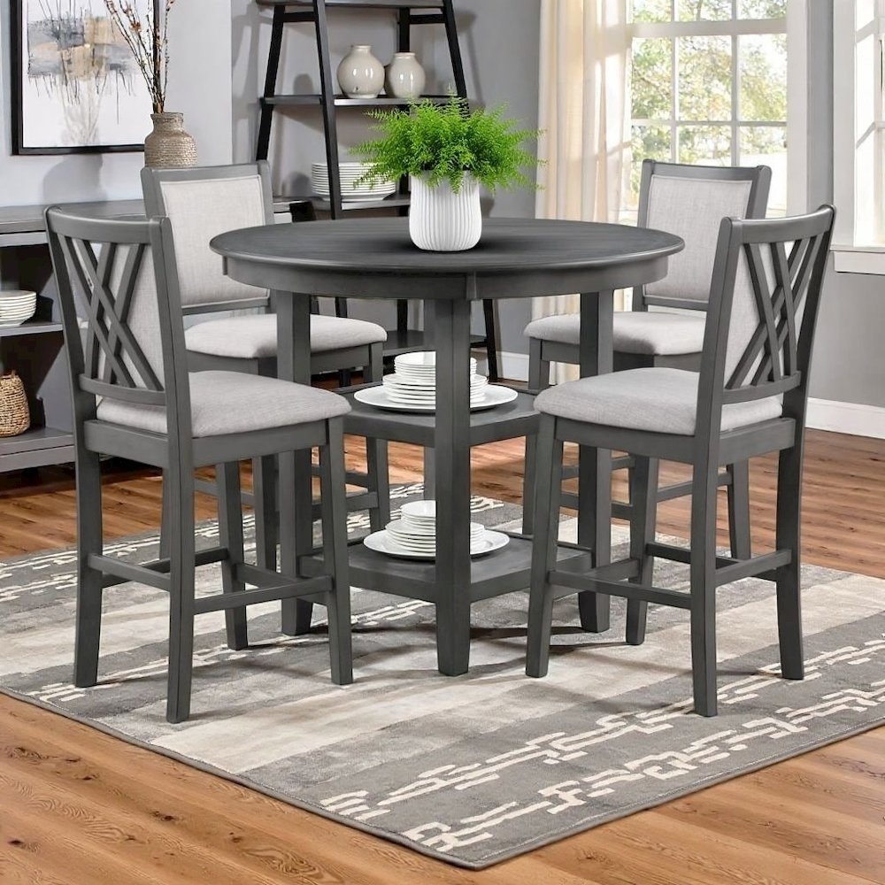 5 Piece Dining Table Set, Round Kitchen Table and Chairs for 4 in Gray
