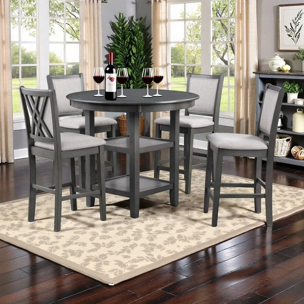 5 Piece Dining Table Set, Round Kitchen Table and Chairs for 4 in Gray