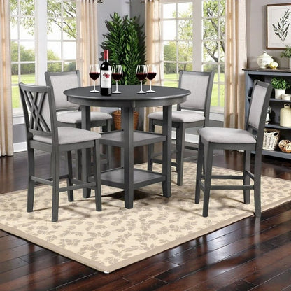 5 Piece Dining Table Set, Round Kitchen Table and Chairs for 4 in Gray