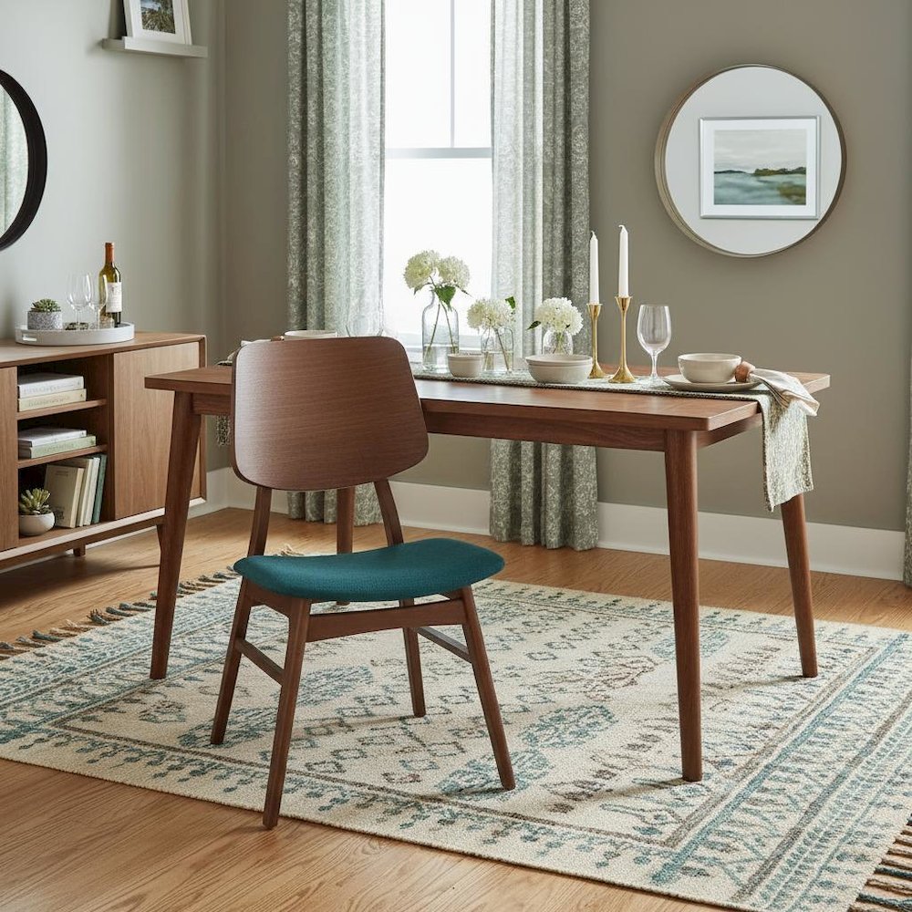 Wood Dining Chair Set of 2 Mid-Century Walnut Teal