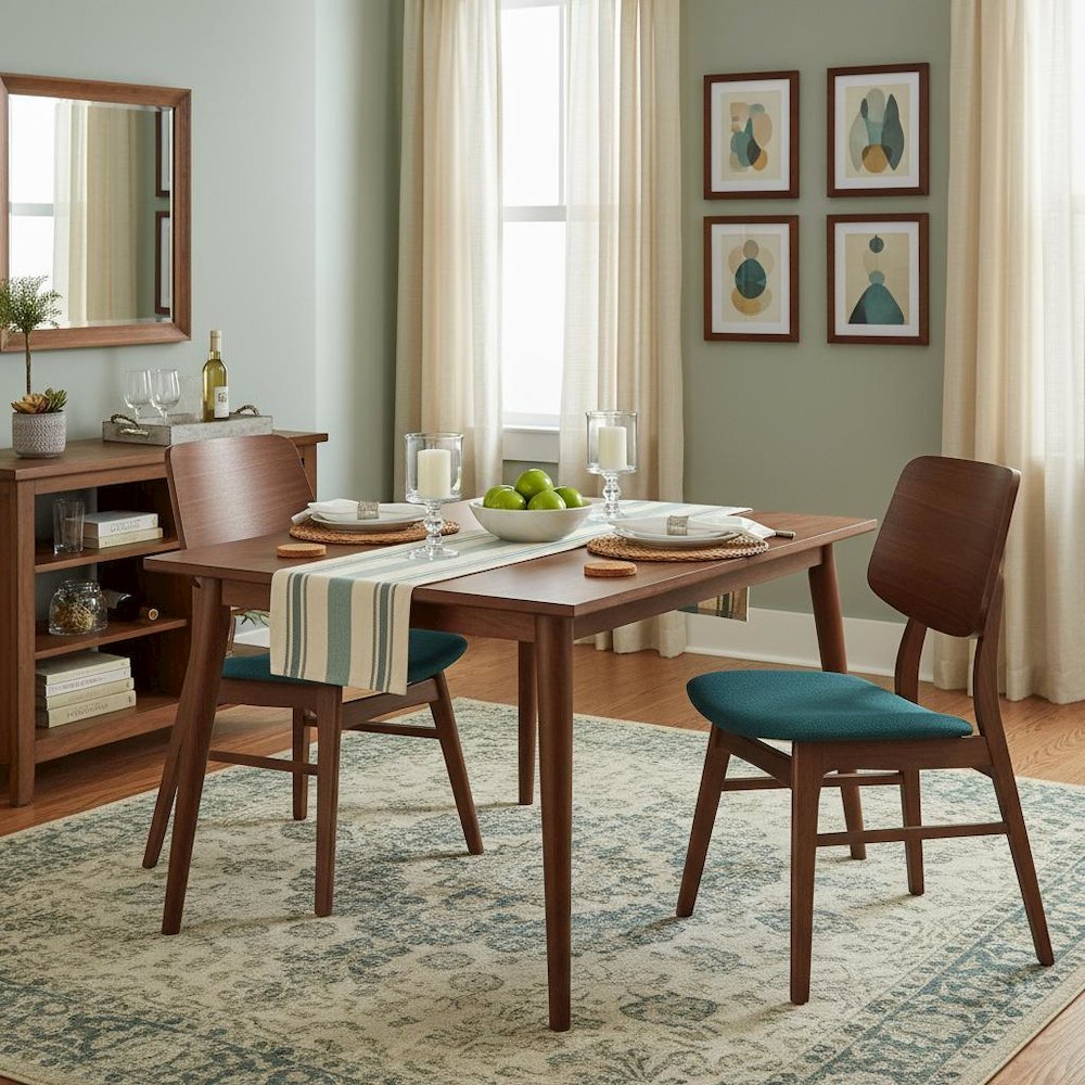 Wood Dining Chair Set of 4, Mid-Century Modern, Walnut Finish, Teal Fabric
