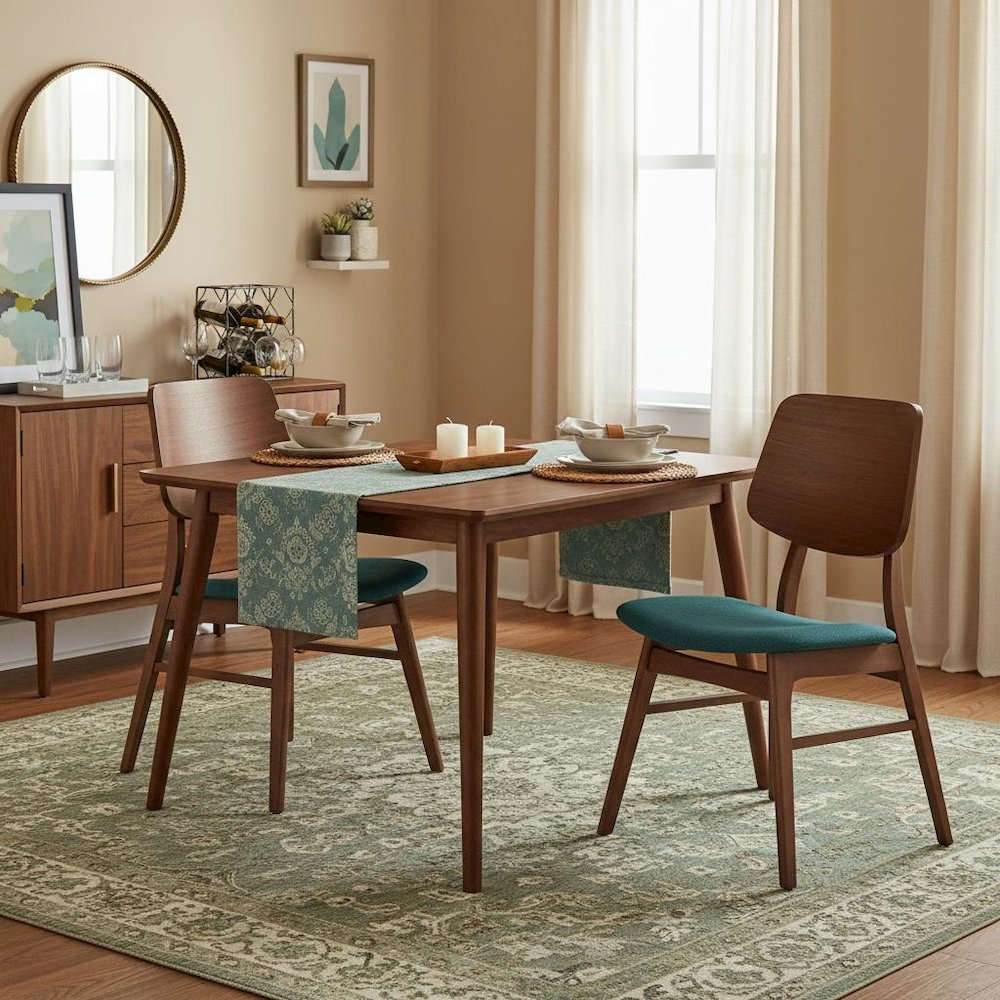 Wood Dining Chair Set of 4, Mid-Century Modern, Walnut Finish, Teal Fabric