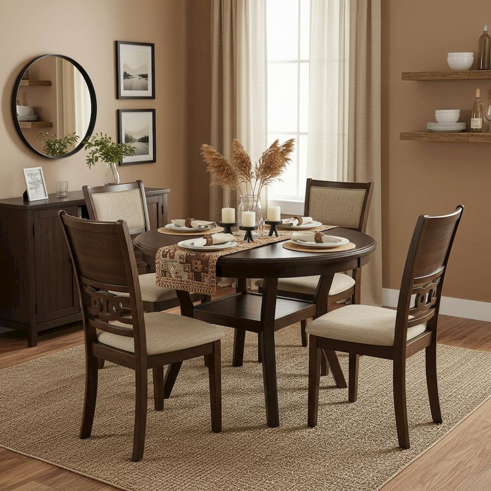 Cherry Brown 5-Piece Wood Round Dining Set, Traditional Finish