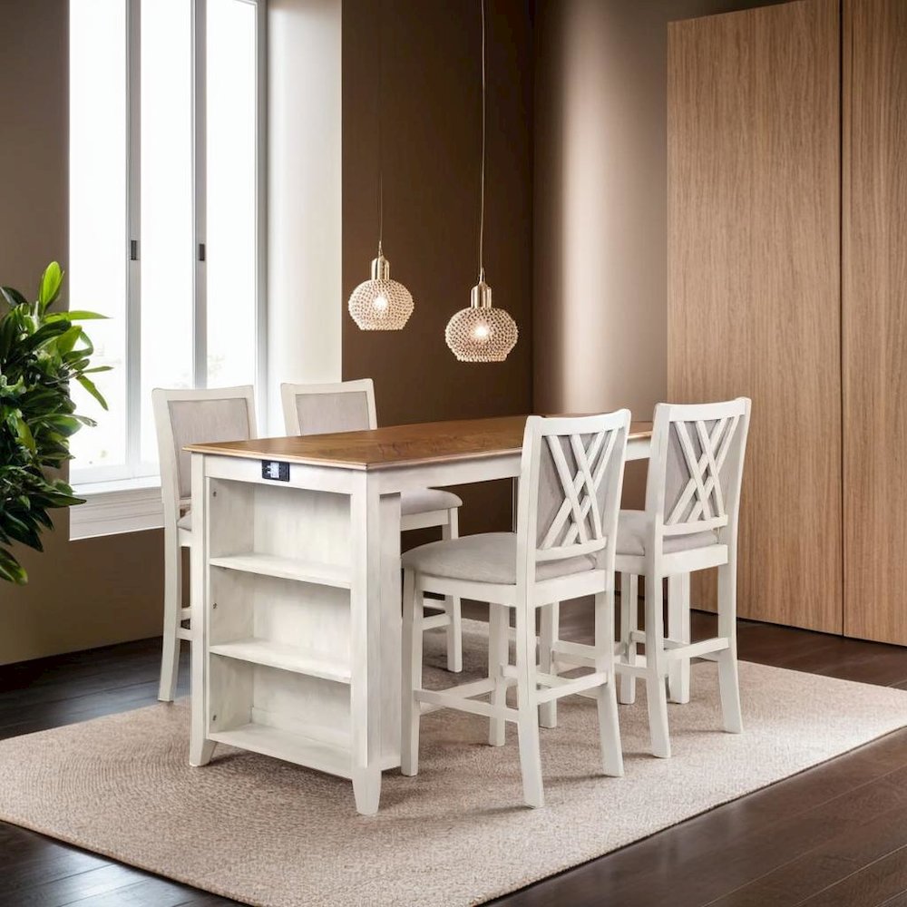 5-Piece Rectangular Wood Dining Set with 4 Chairs in Beige & Brown Finish