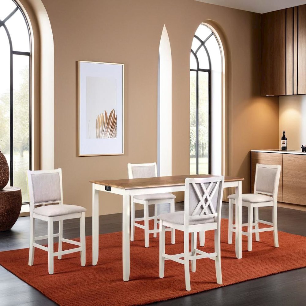 5-Piece Rectangular Wood Dining Set with 4 Chairs in Beige & Brown Finish
