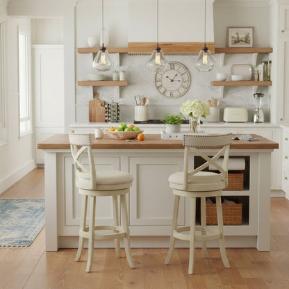 White Solid Wood Swivel Bar Stools Set of 2, Upholstered Seat