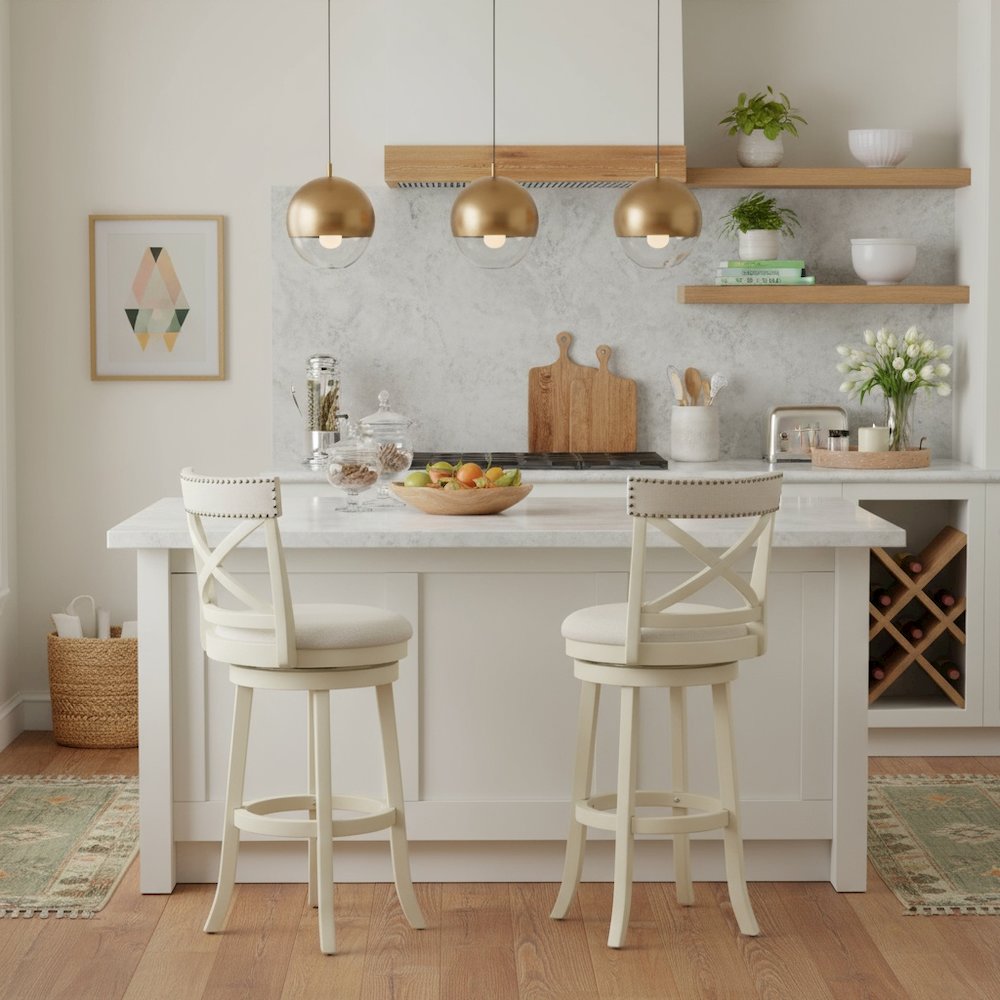 White Solid Wood Swivel Bar Stools Set of 2, Upholstered Seat