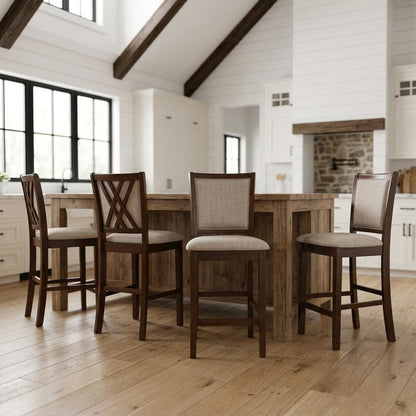 Solid Wood Counter Height Bar Stools with Polyester Upholstered Seats, Set of 4