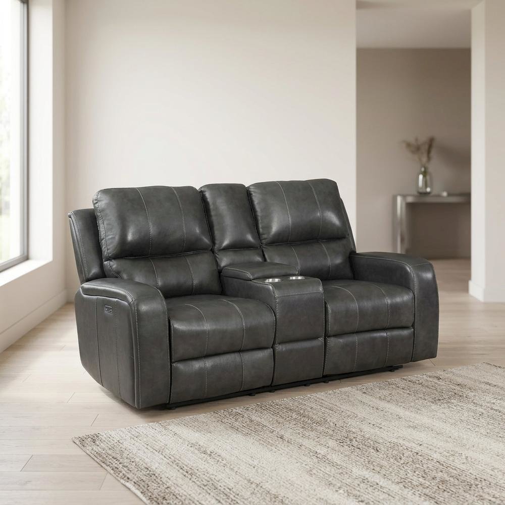 Leather Power Reclining Loveseat with Console, Upholstered Love Seat, Grey