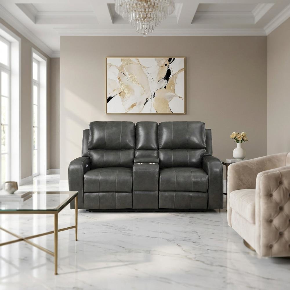 Leather Power Reclining Loveseat with Console, Upholstered Love Seat, Grey