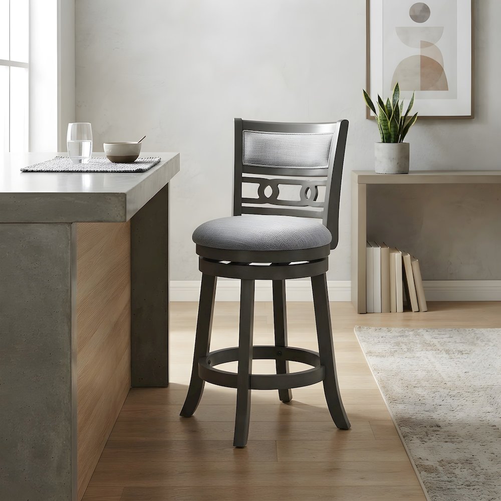 Solid Wood Swivel Counter Stool with Fabric Seat for Kitchen Island, Gray