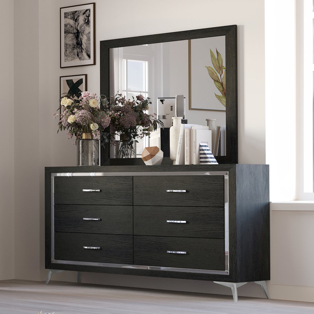 Huxley Wood 6-Drawer Dresser with Mirror, Black