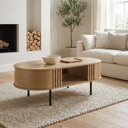 Earth-toned Oval Wood Coffee Table with Cam Bolt and Metal Accents, Surface