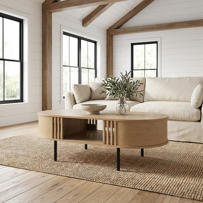 Earth-toned Oval Wood Coffee Table with Cam Bolt and Metal Accents, Surface