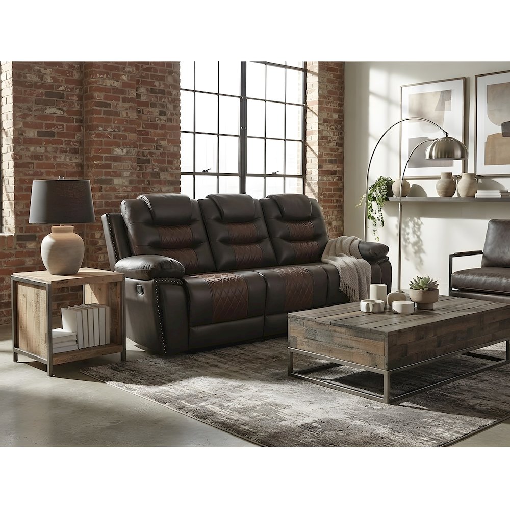 Faux Leather Power Reclining Sofa with Wooden Frame for Living Room, Brown