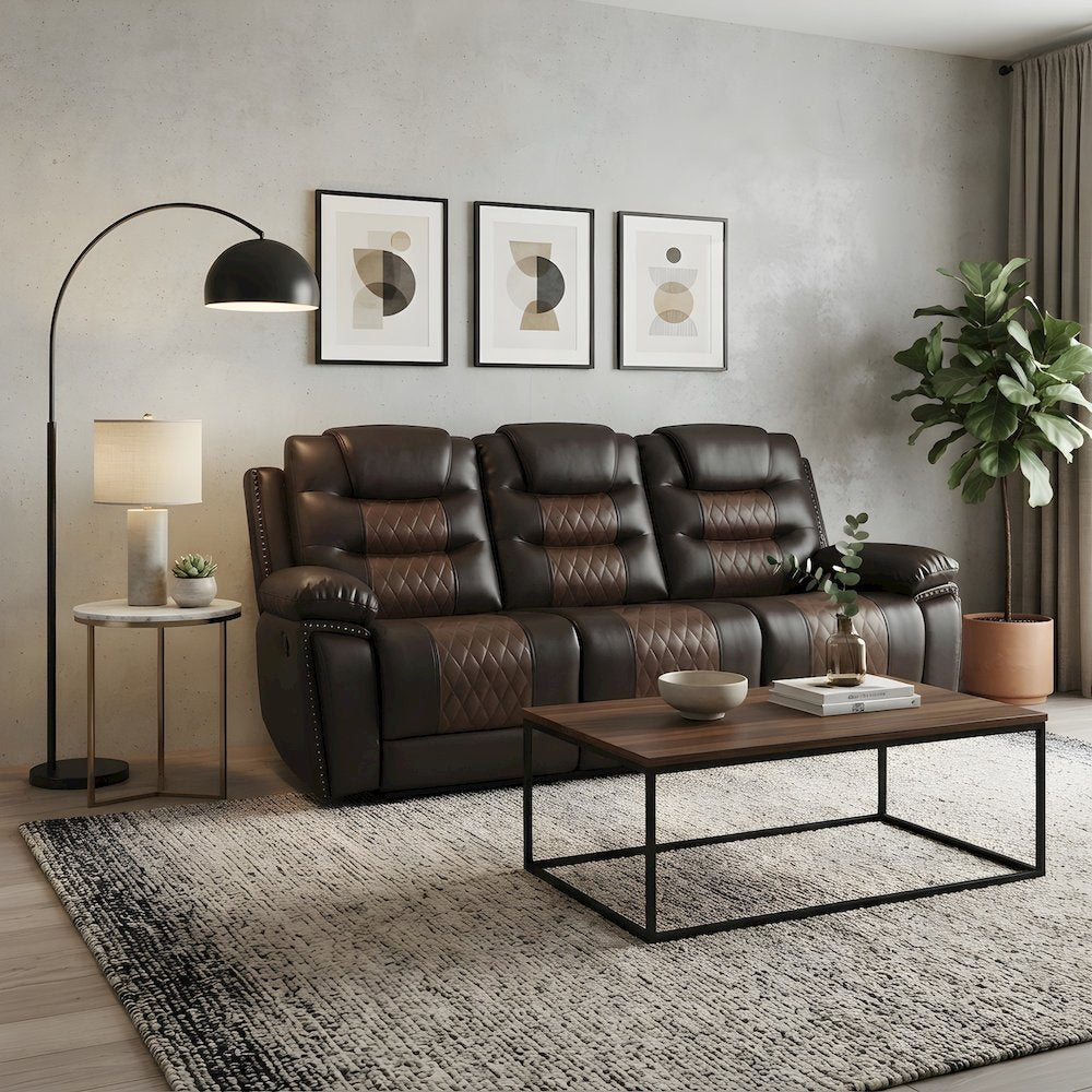 Faux Leather Power Reclining Sofa with Wooden Frame for Living Room, Brown