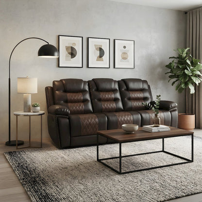 Faux Leather Power Reclining Sofa with Wooden Frame for Living Room, Brown