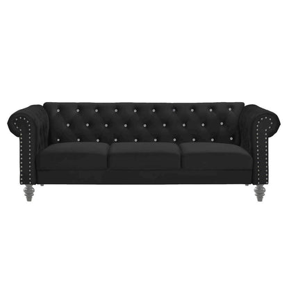 Black Velvet Sofa with Rolled Arms – Elegant Velvet Couch for Living Room