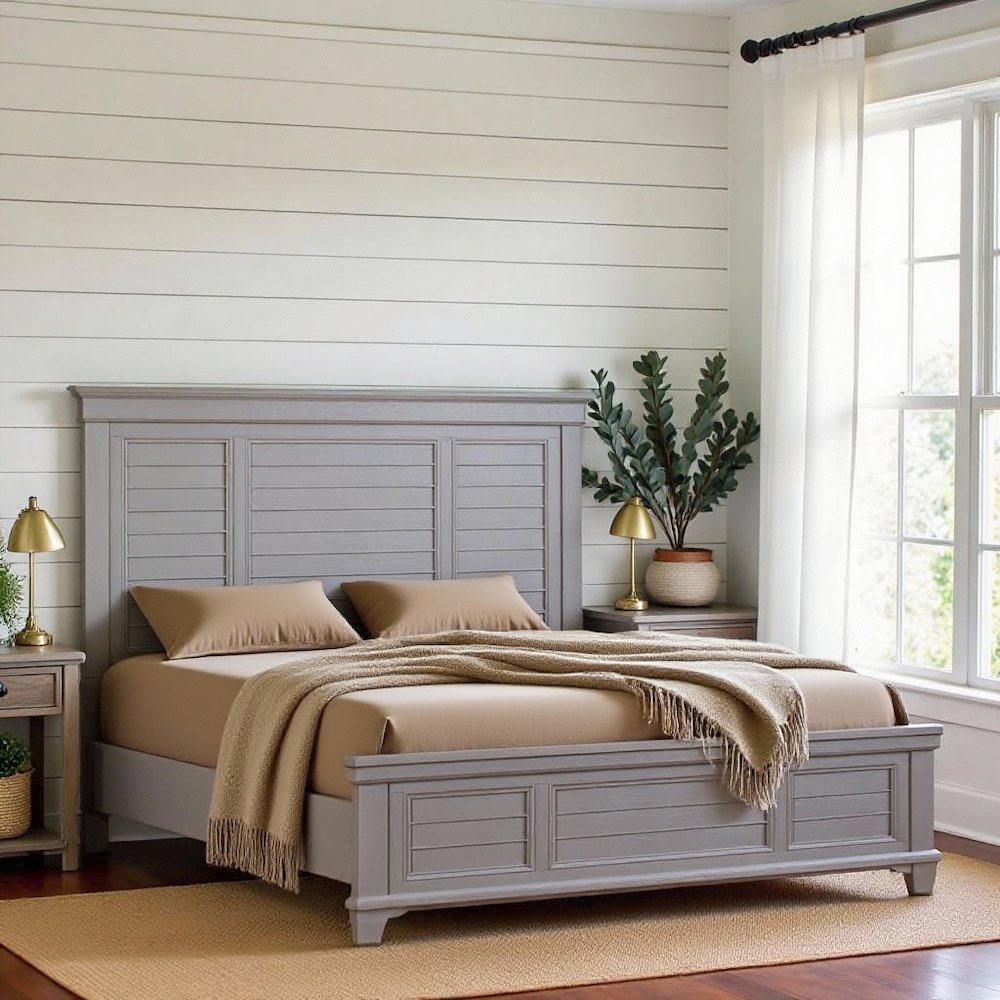 Gray California King Bed Frame, Solid Wooden Bed with Elegant Headboard