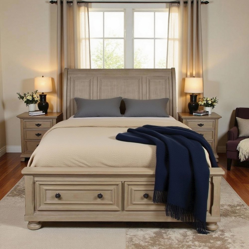 Gray Farmhouse Queen Bed Frame, Solid Wooden Queen Size Bed with Drawers