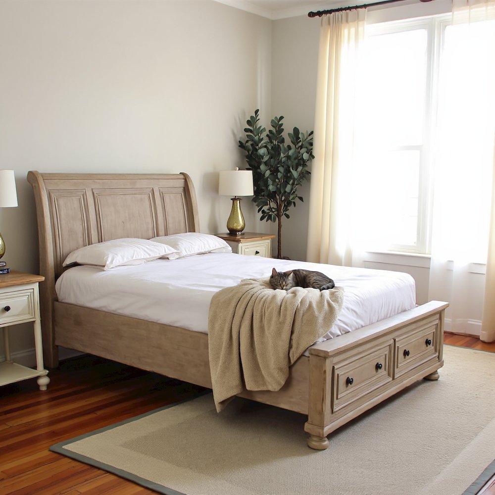 Gray Farmhouse Queen Bed Frame, Solid Wooden Queen Size Bed with Drawers