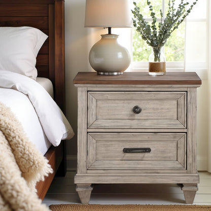 Beige Wooden Nightstand with USB Ports Farmhouse Style Vintage Bed Side Table
