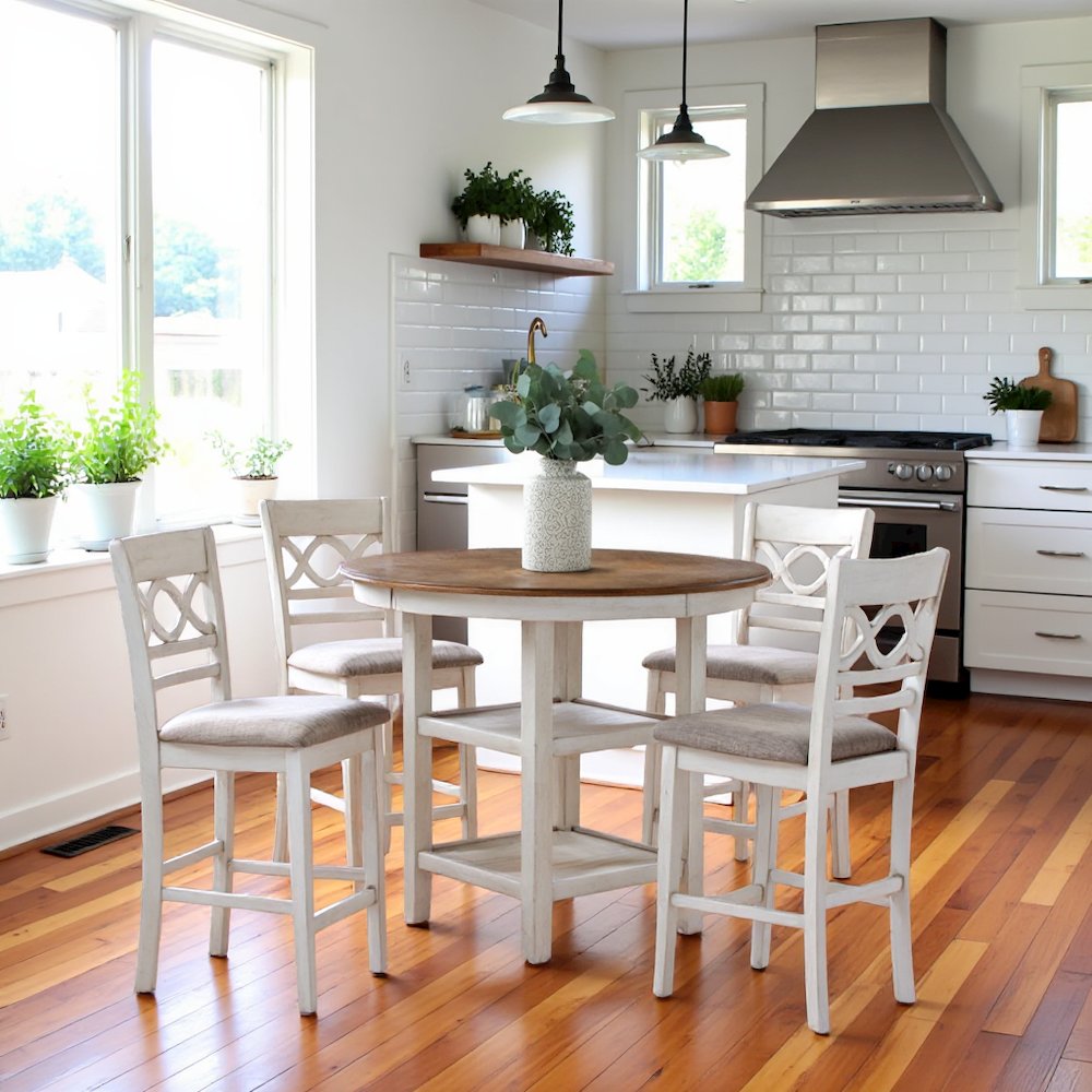 Brown Round Kitchen Table and Chairs for 4, Farmhouse 5 Piece Dining Set