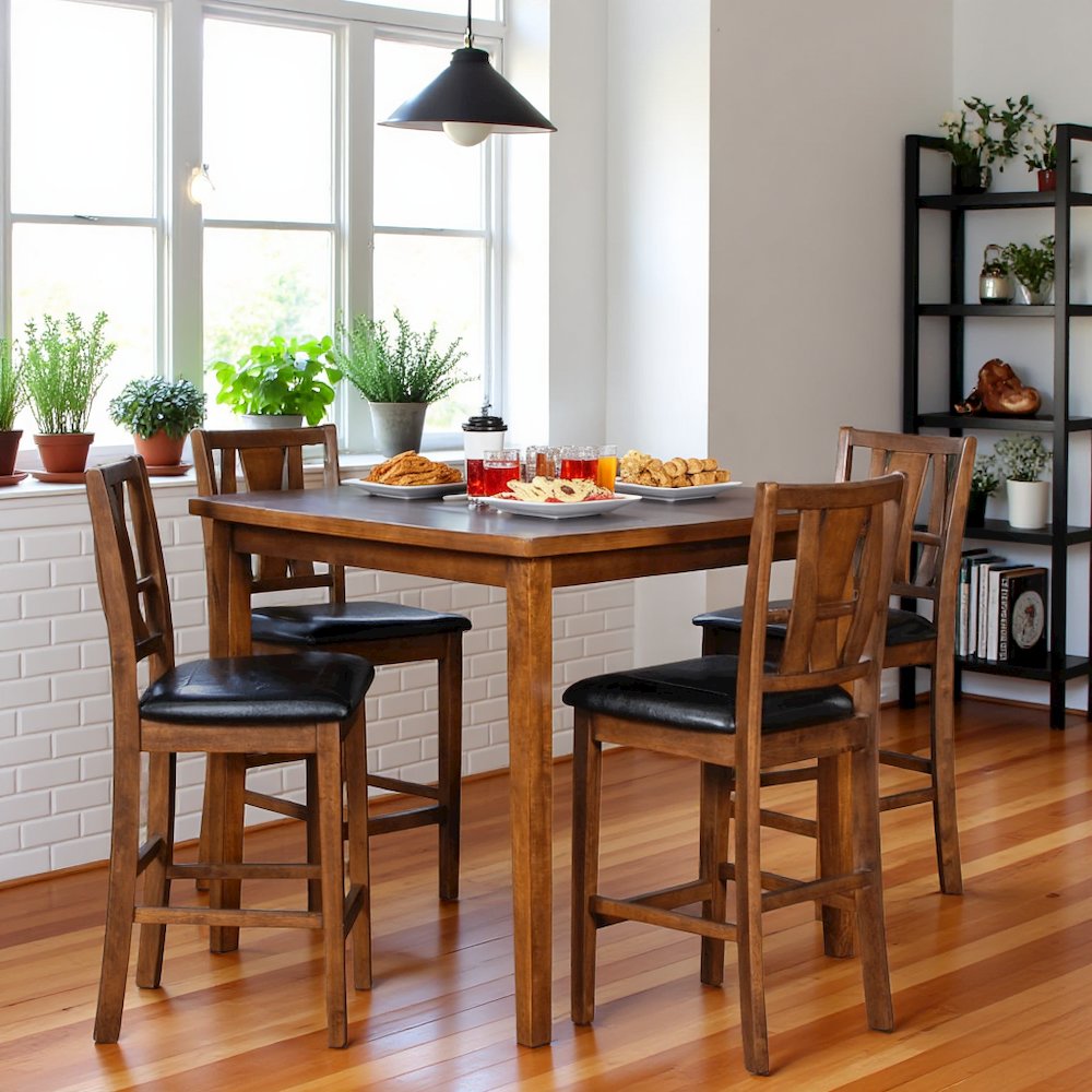 Brown Wood Counter Height 5 Piece Dining Table Set for 4 with Chairs