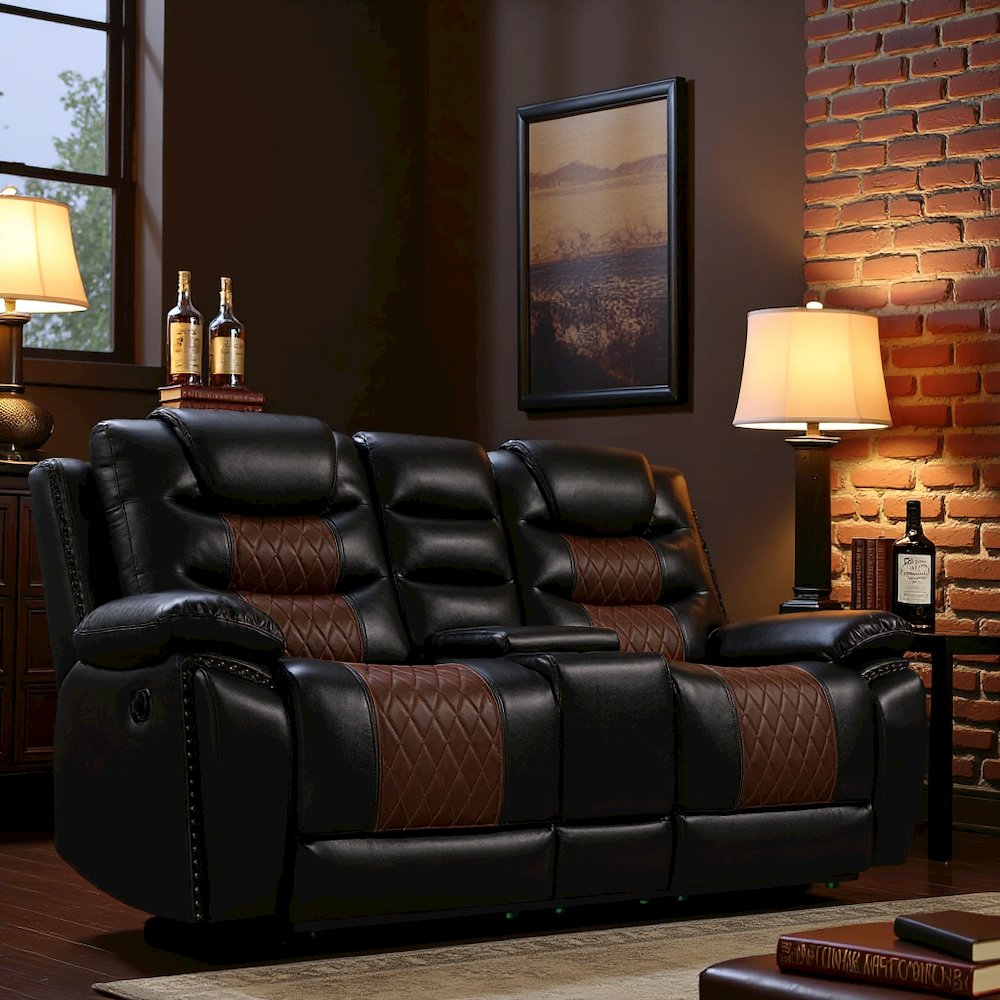 Brown Faux Leather Loveseat Recliner Sofa With Cup Holders And Manual Comfort