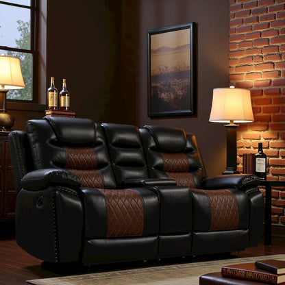 Brown Faux Leather Loveseat Recliner Sofa With Cup Holders And Manual Comfort