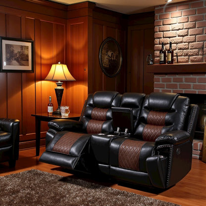 Brown Faux Leather Loveseat Recliner Sofa With Cup Holders And Manual Comfort