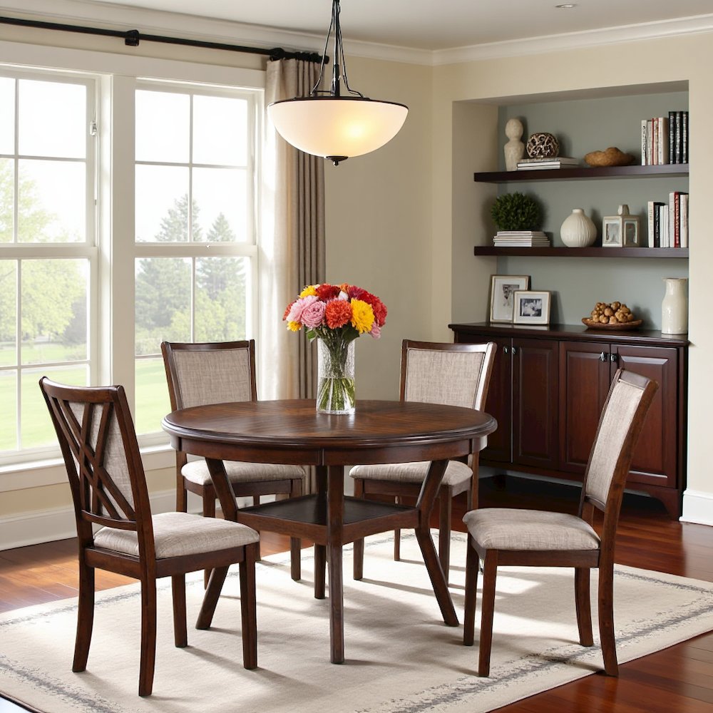 Brown Cherry 5 Piece Dining Table Set with Round Kitchen Table and Chairs