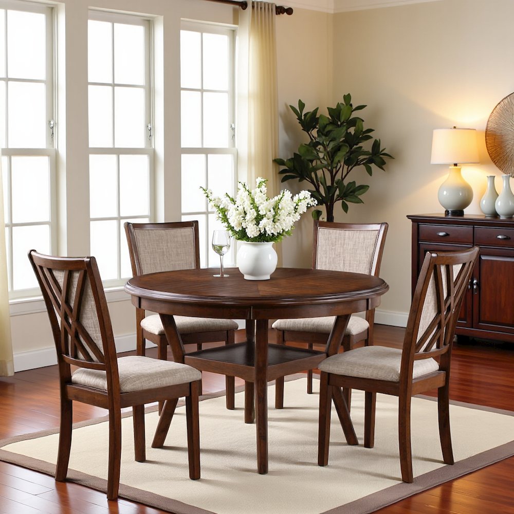 Brown Cherry 5 Piece Dining Table Set with Round Kitchen Table and Chairs