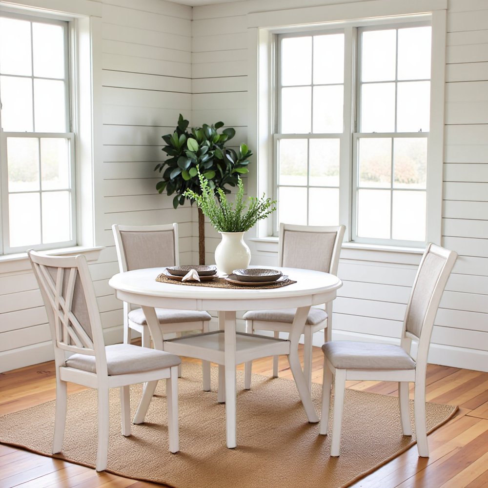 Beige Farmhouse 5 Piece Dining Table Set with Round Kitchen Table, Chairs for 4