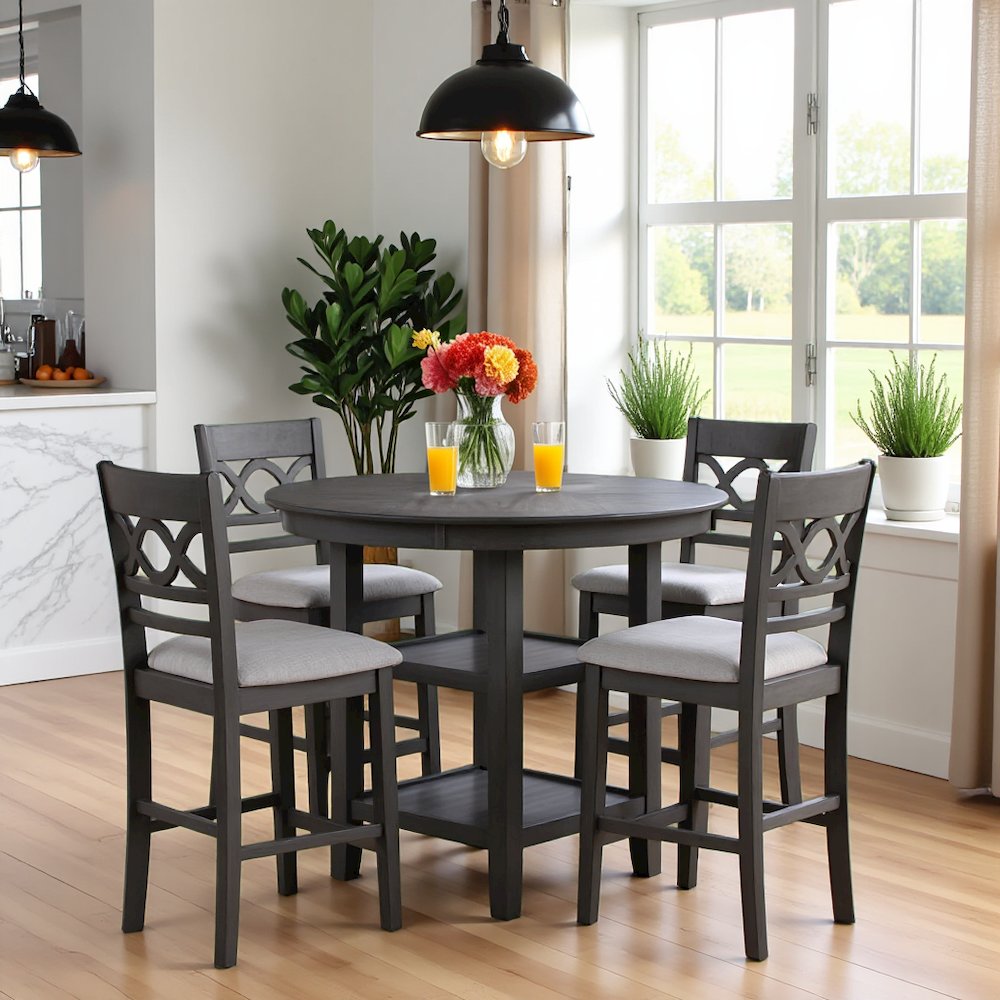 Gray Round Kitchen Table and Chairs for 4, Farmhouse 5 Piece Dining Set