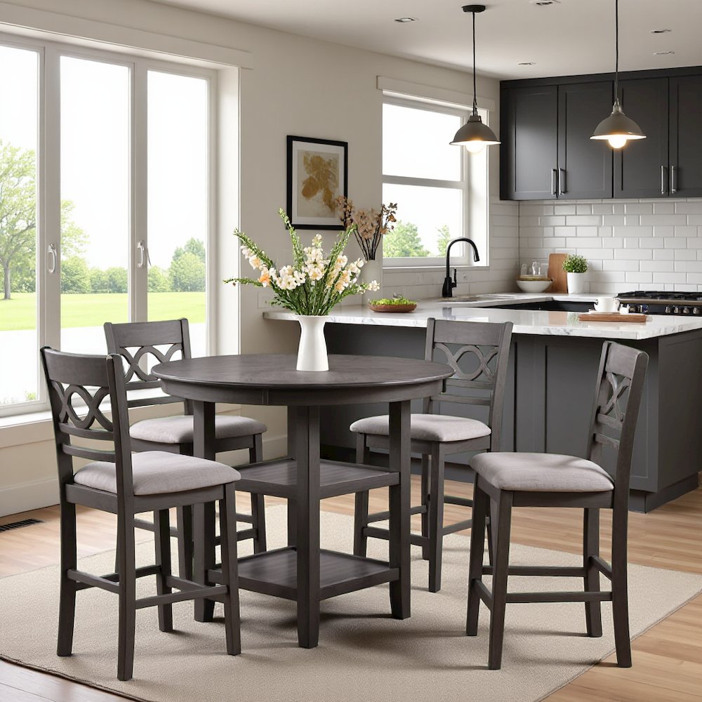 Gray Round Kitchen Table and Chairs for 4, Farmhouse 5 Piece Dining Set