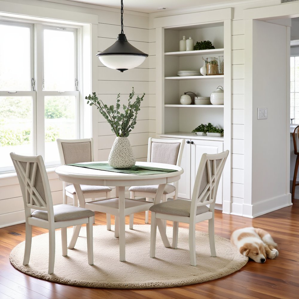 Beige Farmhouse 5 Piece Dining Table Set with Round Kitchen Table, Chairs for 4
