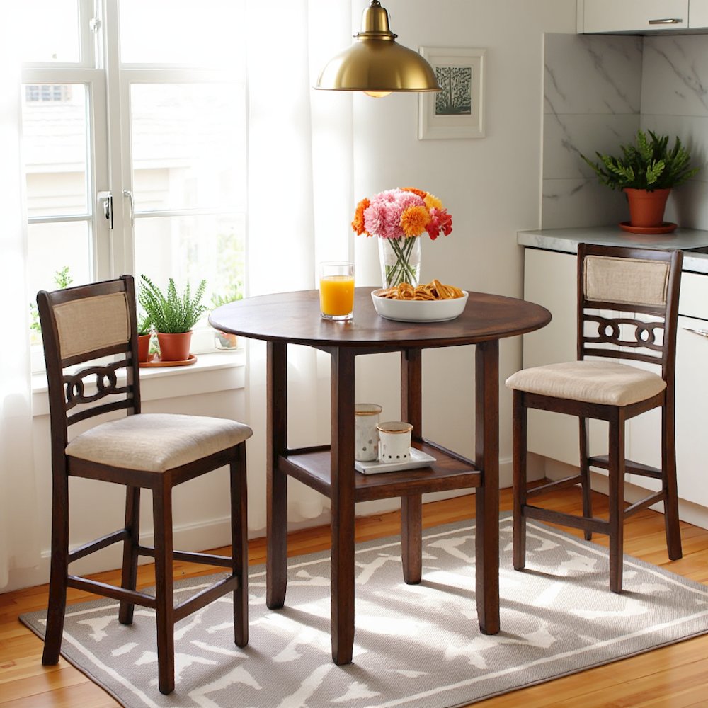 Brown Cherry 3 Piece Drop Leaf Table and 2 Chairs, Small Round Dining Table Set