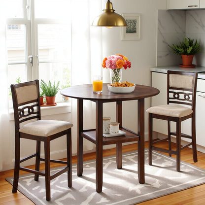 Brown Cherry 3 Piece Drop Leaf Table and 2 Chairs, Small Round Dining Table Set